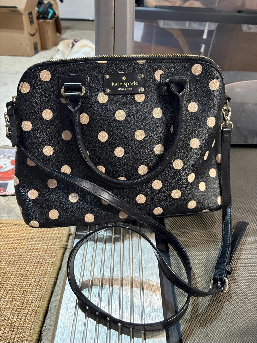 kate spade Black Satchel with Cream Polka Dots and Gold Hardware